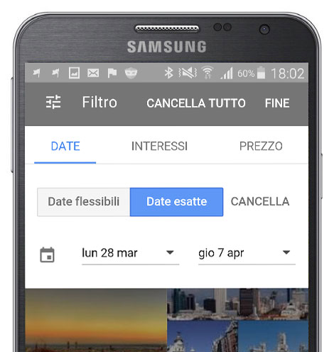 Nuovo servizio Google Destinations schermata di arrivo date esatte