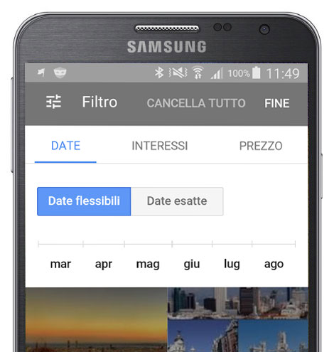 Nuovo servizio Google Destinations schermata di arrivo date flessibili