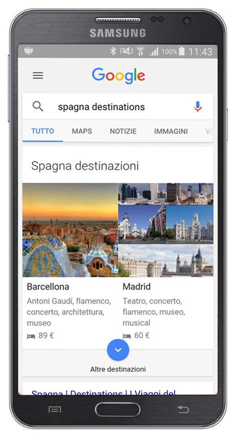 Nuovo servizio Google Destinations schermata di arrivo