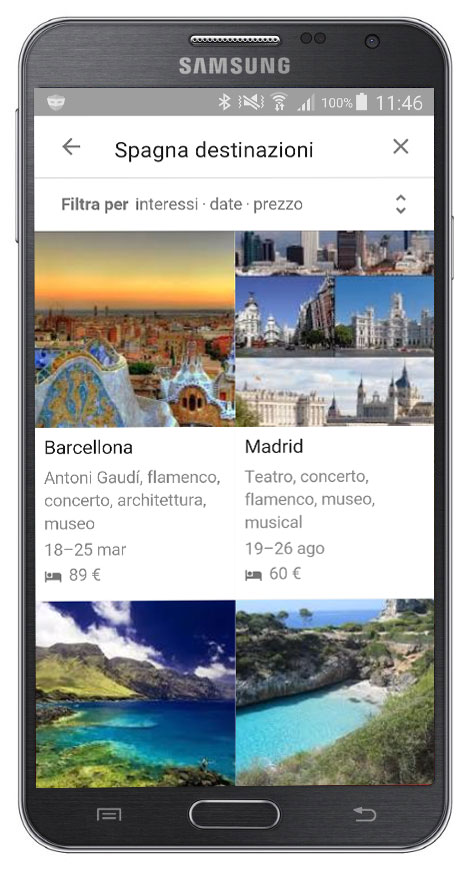 Nuovo servizio Google Destinations schermata filtra per