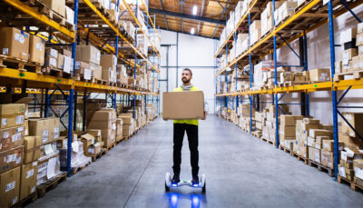 un uomo trasporta oggetti in un magazzino di logistica