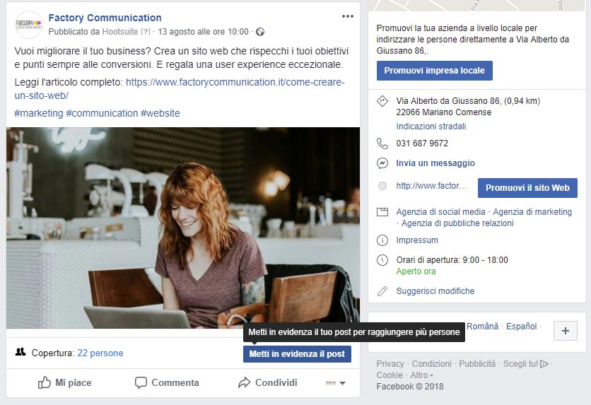 "METTI IN EVIDENZA UN POST", come è possibile vedere dall'immagine