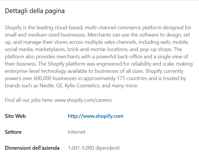 Pagina aziendale linkedin shopify