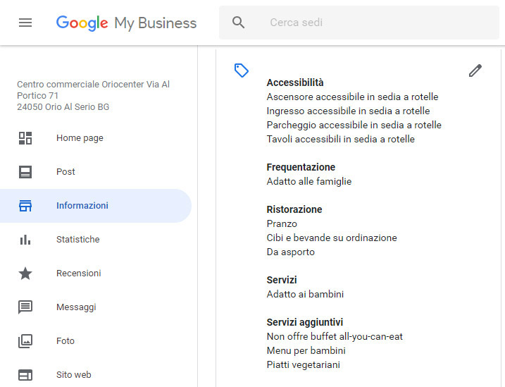 Google My Business per i ristoranti sezione gestione servizi