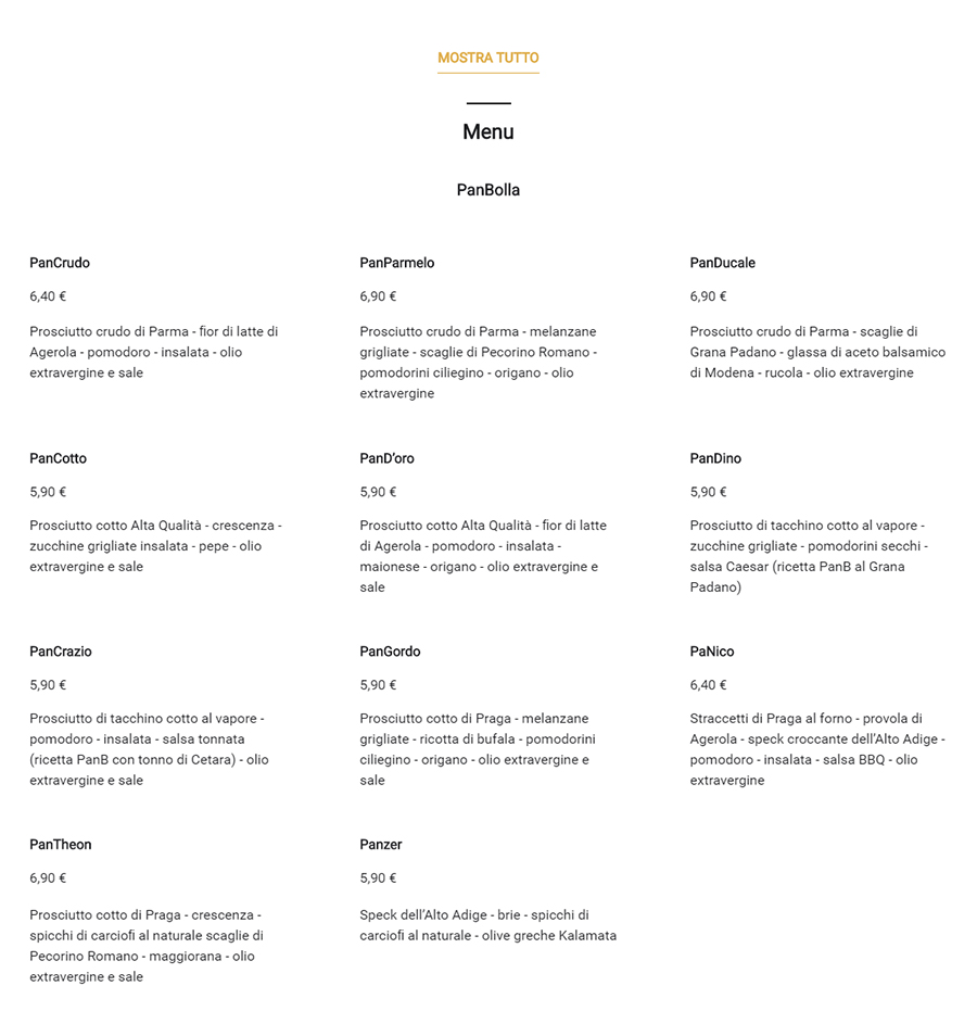 Scheda Google My Business di Pan B Oriocenter sezione menu