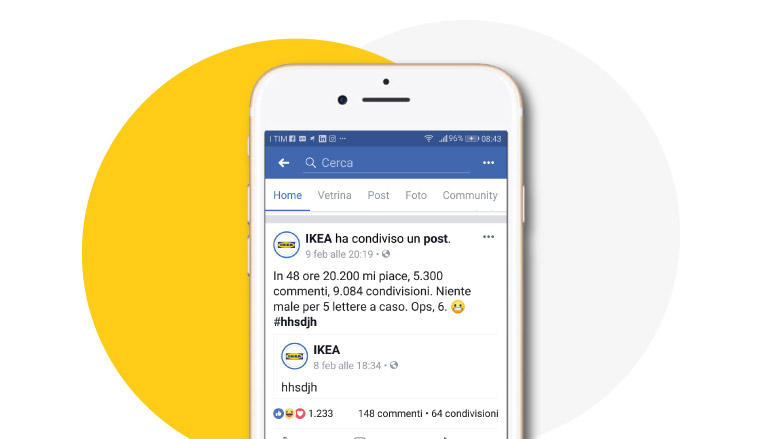 in questa immagine il post di IKEA diventato virale su Facebook perché erano state pubblicate solo 6 lettere "hhsdjh"