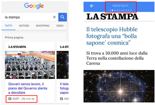 Printscreen del quotidiano La Stampa un esempio di notizia AMP