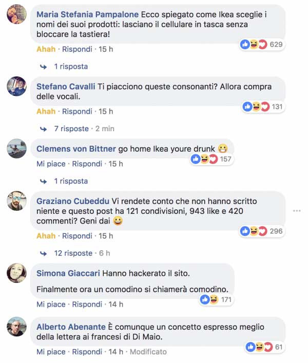 I commenti al post pubblicato sulla pagina Facebook dell'IKEA