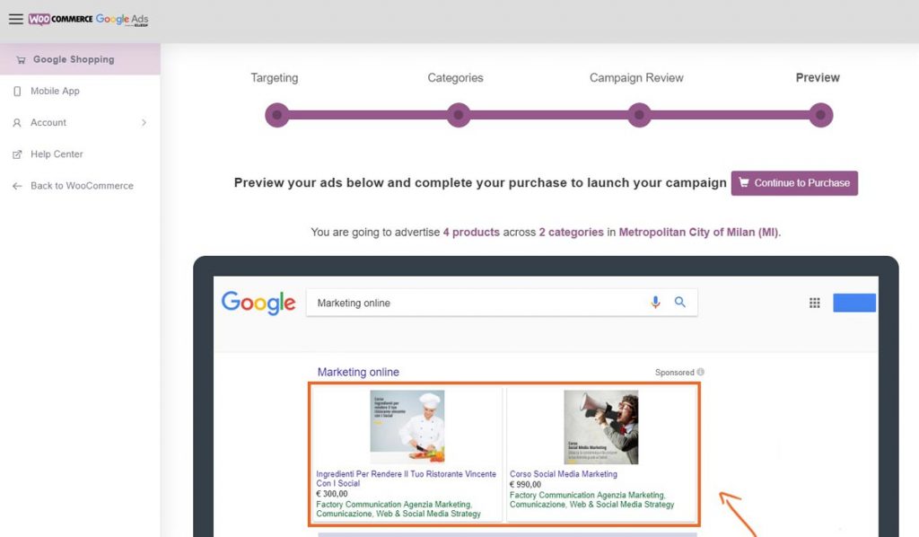 Google Ads e WooCommerce preview campagna