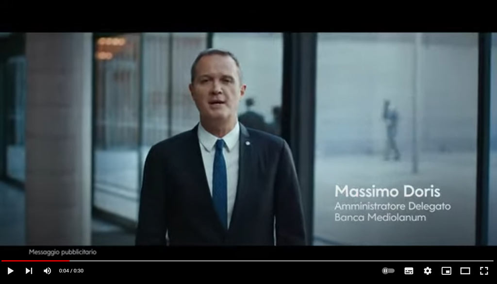 Massimo Doris, Amministratore Delegato Banca Mediolanum in un frame dello spot del 2019