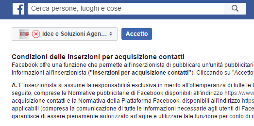 Condizioni uso Facebook per creazione inserzioni per acquisizione contatti