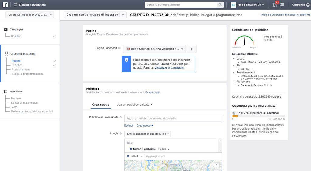 Modulo Facebook Gestione inserzioni pubblicitarie setup campagna