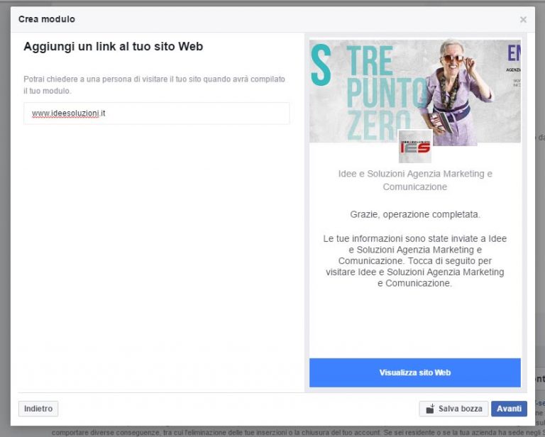 Modulo Facebook per la Gestione delle inserzioni pubblicitarie inserimento link sito web