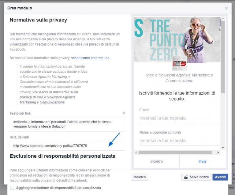 Modulo Facebook per la Gestione delle inserzioni pubblicitarie inserimento privacy nel modulo