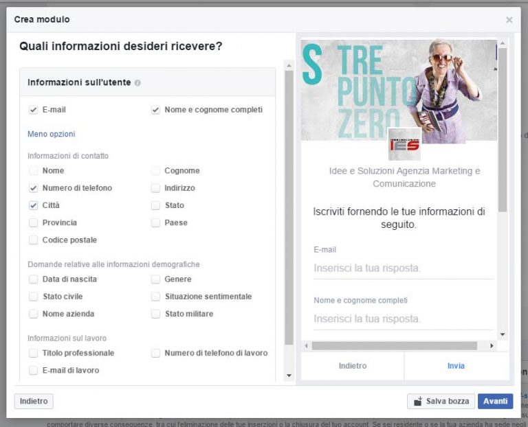 Modulo Facebook per la Gestione delle inserzioni pubblicitarie scheda contesto campi disponibili scheda contatto