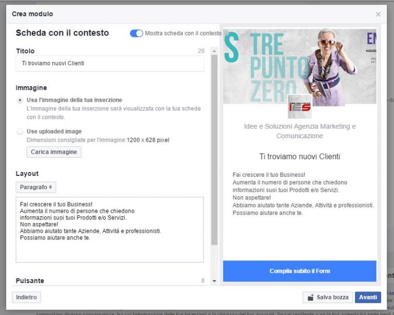 Modulo Facebook per la Gestione delle inserzioni pubblicitarie scheda contesto