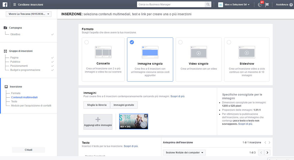 Modulo Facebook per la Gestione delle inserzioni pubblicitarie setup campagna definizione inserzione