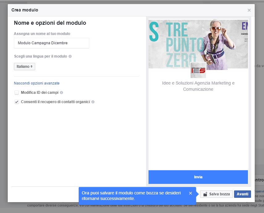 Modulo Facebook per la Gestione delle inserzioni pubblicitarie setup nome modulo