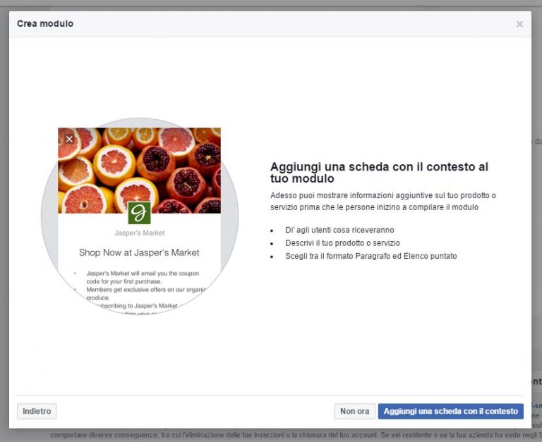 Modulo Facebook per la Gestione delle inserzioni pubblicitarie setup scheda contesto