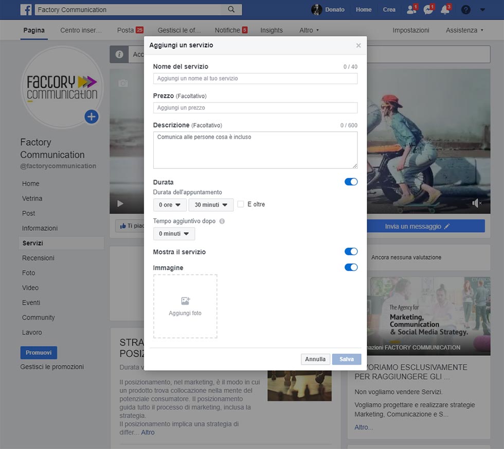 sezione servizi sulla Pagina Facebook