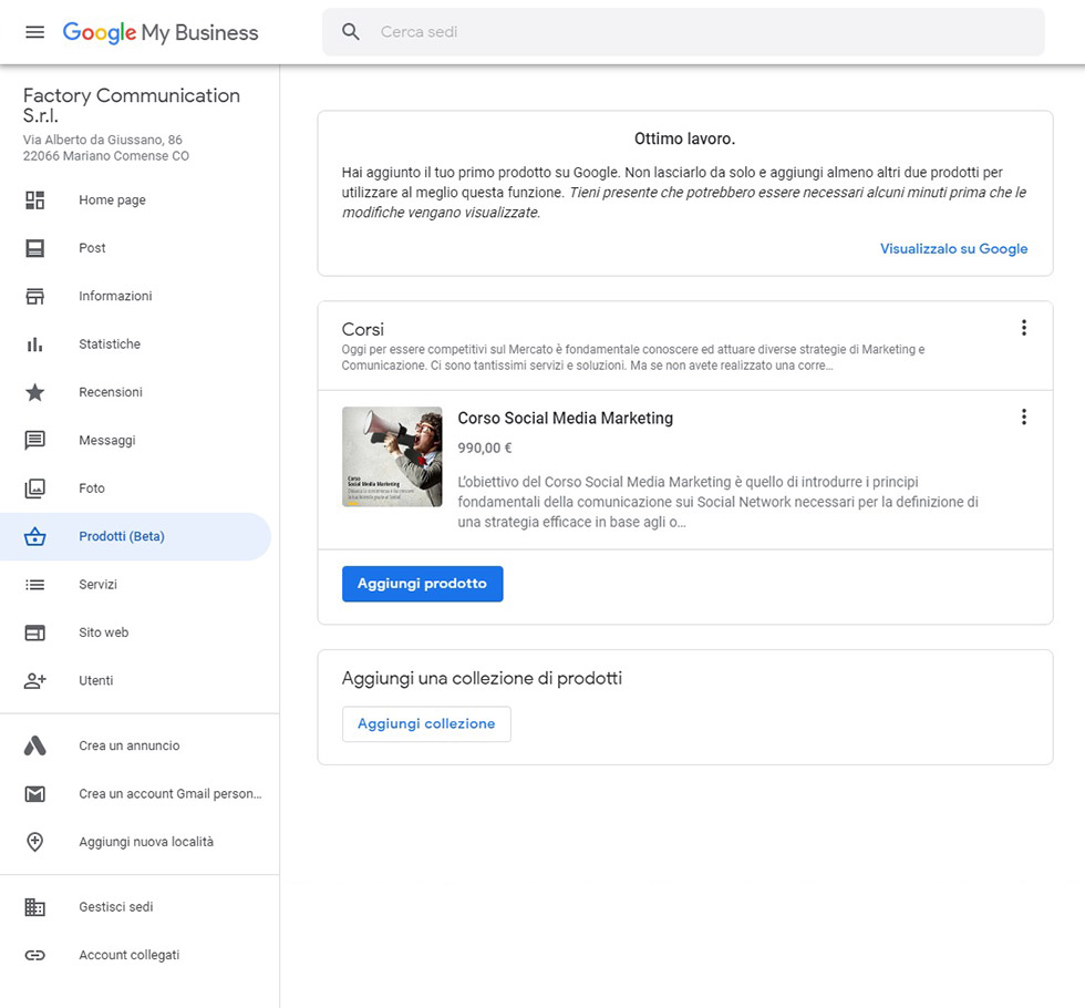 prodotti inseriti in google my business