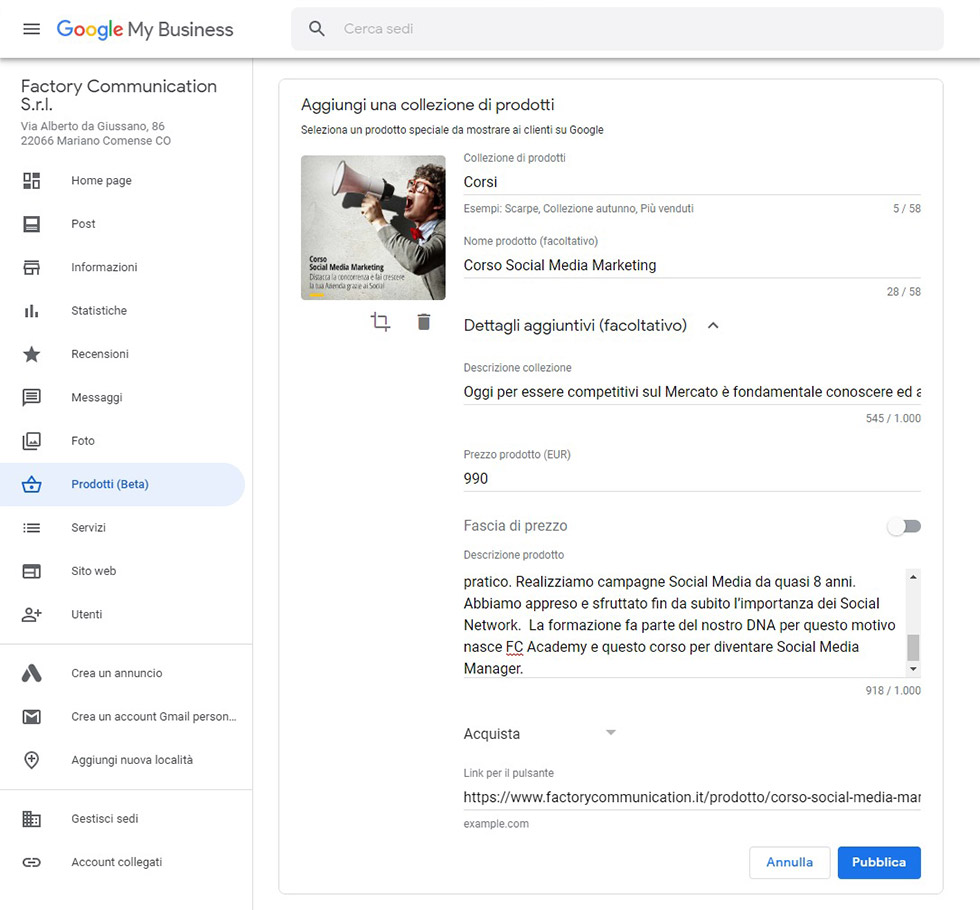 campi che costituiscono la scheda dei "Prodotti" su Google My Business