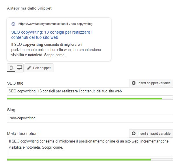Yoast SEO, inserimento di title e description di un contenuto