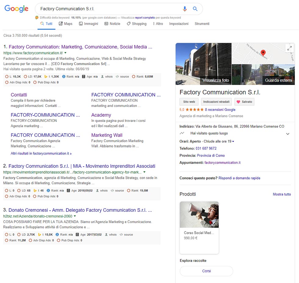 Scheda Google My Business di Factory Communication