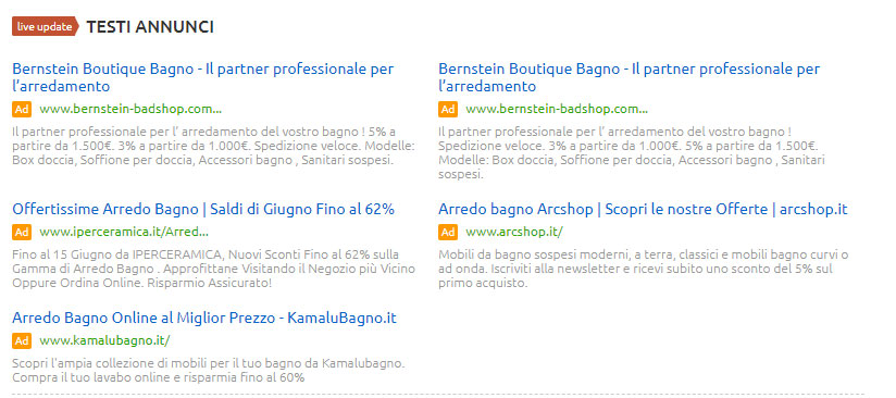 elenco annunci a pagamento su Google, Campagne PPC con Google ADS, per la keyword "arredo bagno"