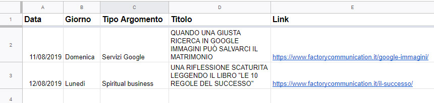 Esempio di Calendario editoriale realizzato con Excel