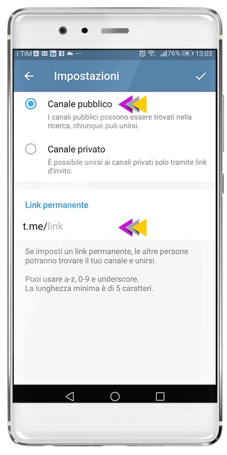 Canale Broadcast in Telegram step 3: scelta se pubblico o privato e creazione del link di condivisione