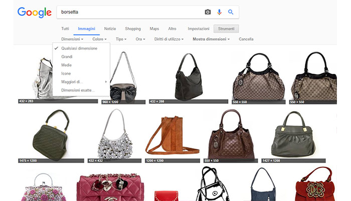 Trucchi per effettuare la ricerca in Google Immagini Filtro dimensione