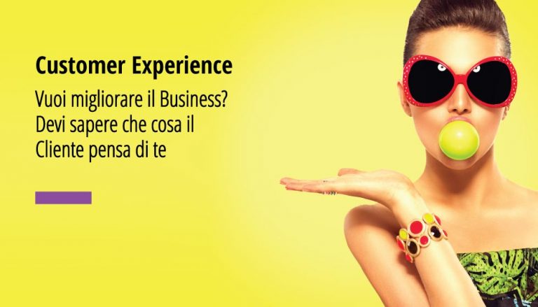 In questa fotografia una bellissima donna su sfondo giallo limone. In over la scritta "Customer Experience" Vuoi migliorare il tuo business? Devi sapere che cosa il cliente pensa di te.