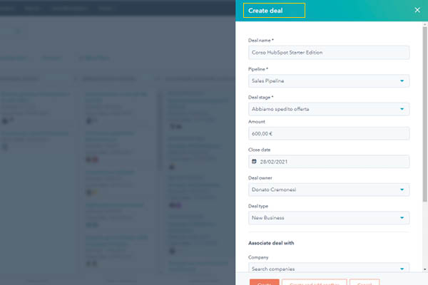 CRM HubSpot Starter Edition creazione del Deal