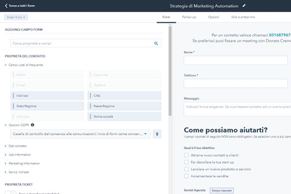 CRM HubSpot Starter Edition creazione form di contatto