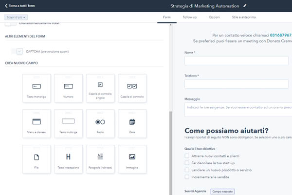 CRM HubSpot Starter Edition personalizzazione form di contatto