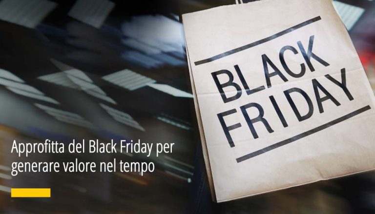 In questa immagine una borsa per gli acquisti con la scritta Black Friday. L'immagine è stata utilizzata per un articolo pubblicato sul sito di Factory Communication, Agenzia Marketing, Comunicazione, Web e Social Media, dal titolo "Approfitta del Black Friday per generare valore nel tempo"