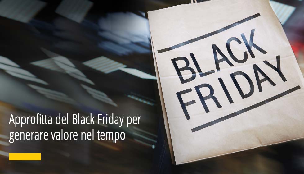 In questa immagine una borsa per gli acquisti con la scritta Black Friday. L'immagine è stata utilizzata per un articolo pubblicato sul sito di Factory Communication, Agenzia Marketing, Comunicazione, Web e Social Media, dal titolo "Approfitta del Black Friday per generare valore nel tempo"