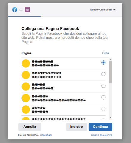 Factory Communication procedura connessione Facebook a WooCommerce - Step 3 - Collega una Pagina Facebook