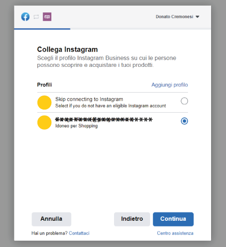 Factory Communication Setup plugin Facebook per WooCommerce - STEP 4 - Collega il tuo account Instagram