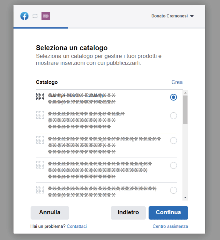 Factory Communication Setup plugin Facebook for WooCommerce - STEP 5 - Seleziona un Catalogo