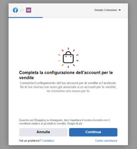 Factory Communication Setup del plugin che permette di connettere Facebook a WooCommerce - STEP 10 - Completa la configurazione dell'Account per le vendite