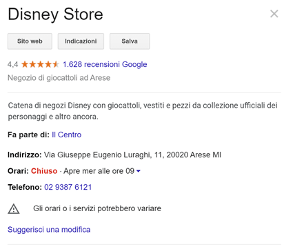 Recensione Google My Business Disney Store