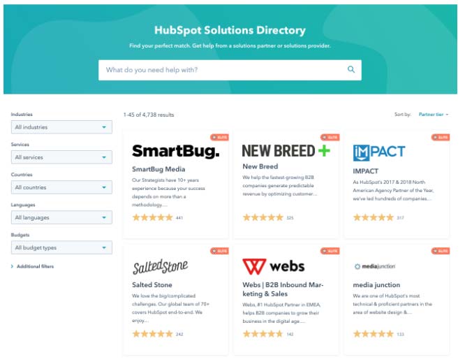 HubSpot Directory delle soluzioni