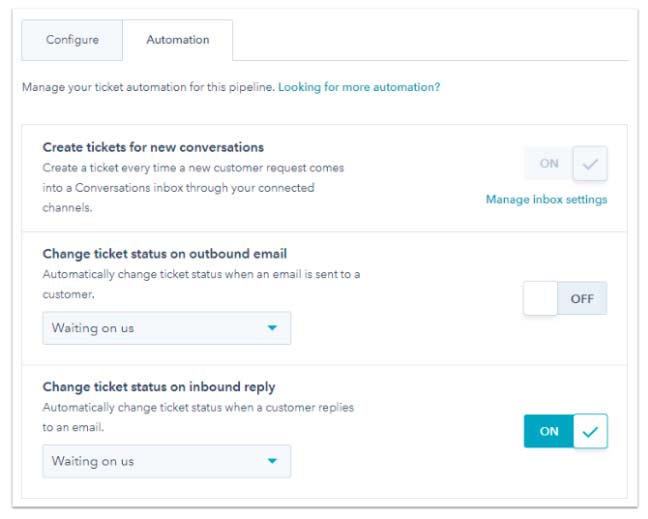 HubSpot Service Hub Automazione dello stato di un ticket