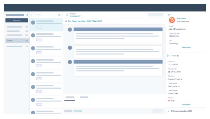 HubSpot Service Hub Ticket Sidebar nella posta in arrivo