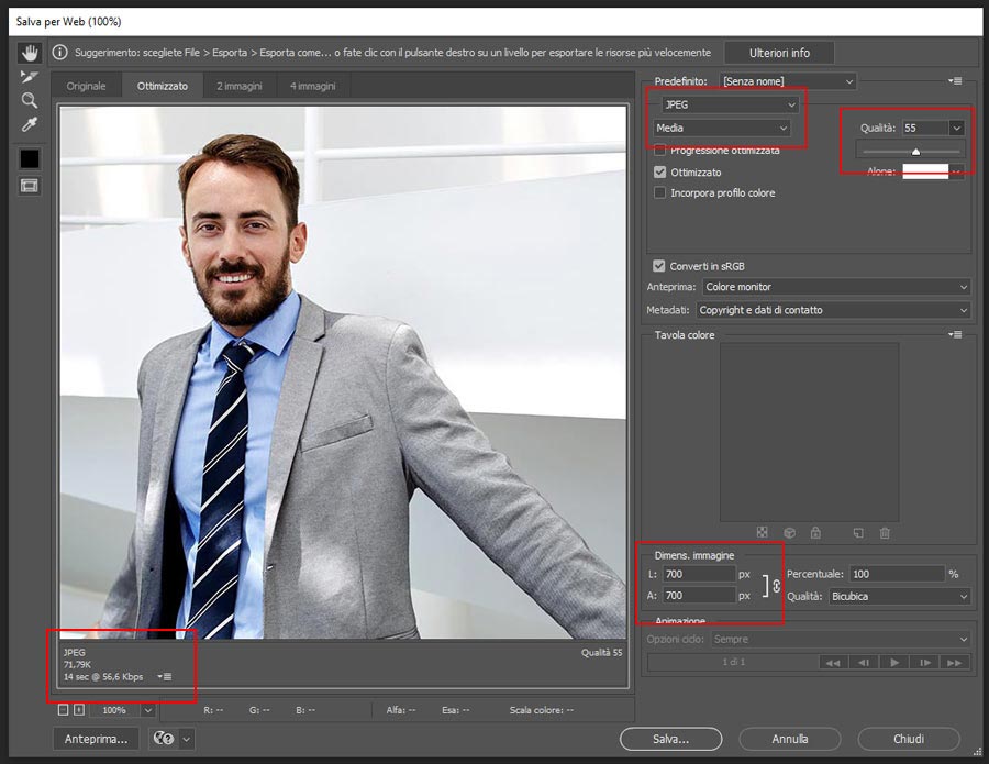 Parametri ottimizzazione immagine formato JPG in Photoshop