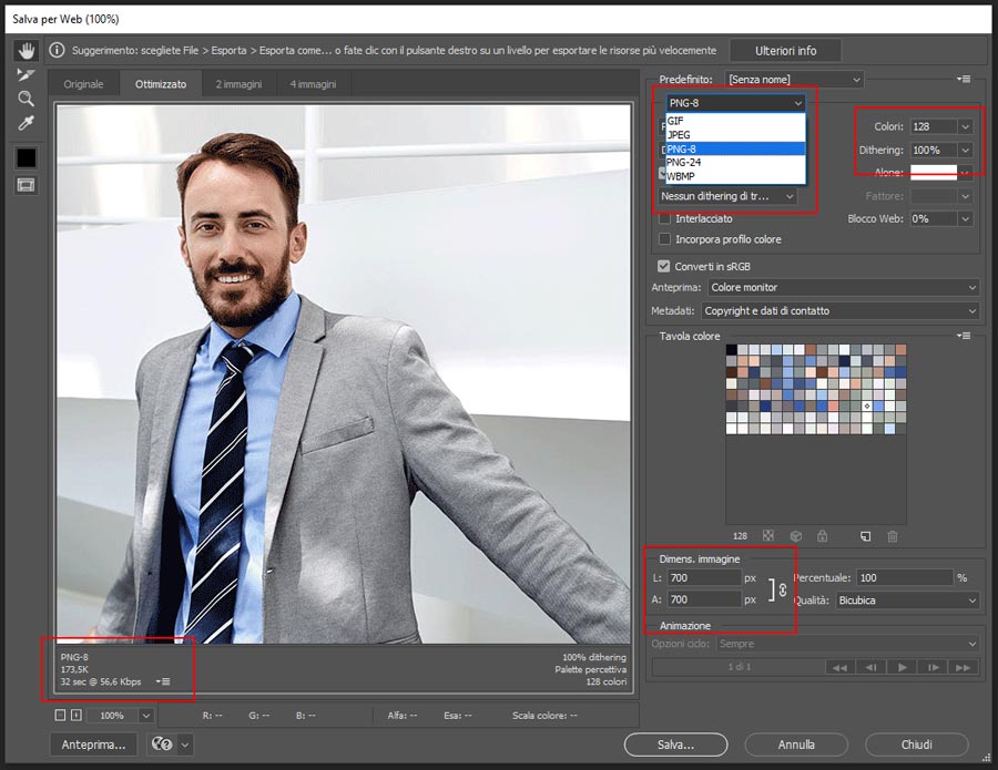 Parametri ottimizzazione immagine formato PNG in Photoshop