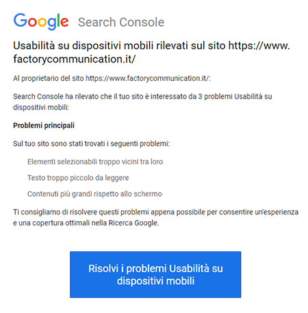 Notifica di Google Search Console relativa l'usabilità di un'immagine sui dispositivi mobile