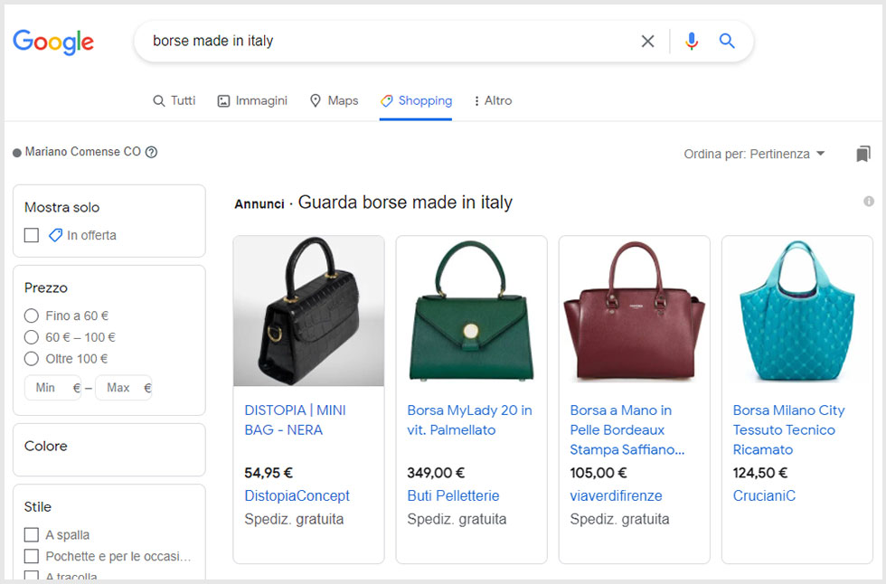 Ricerca su Google Shopping keyword Borse Made in Italy